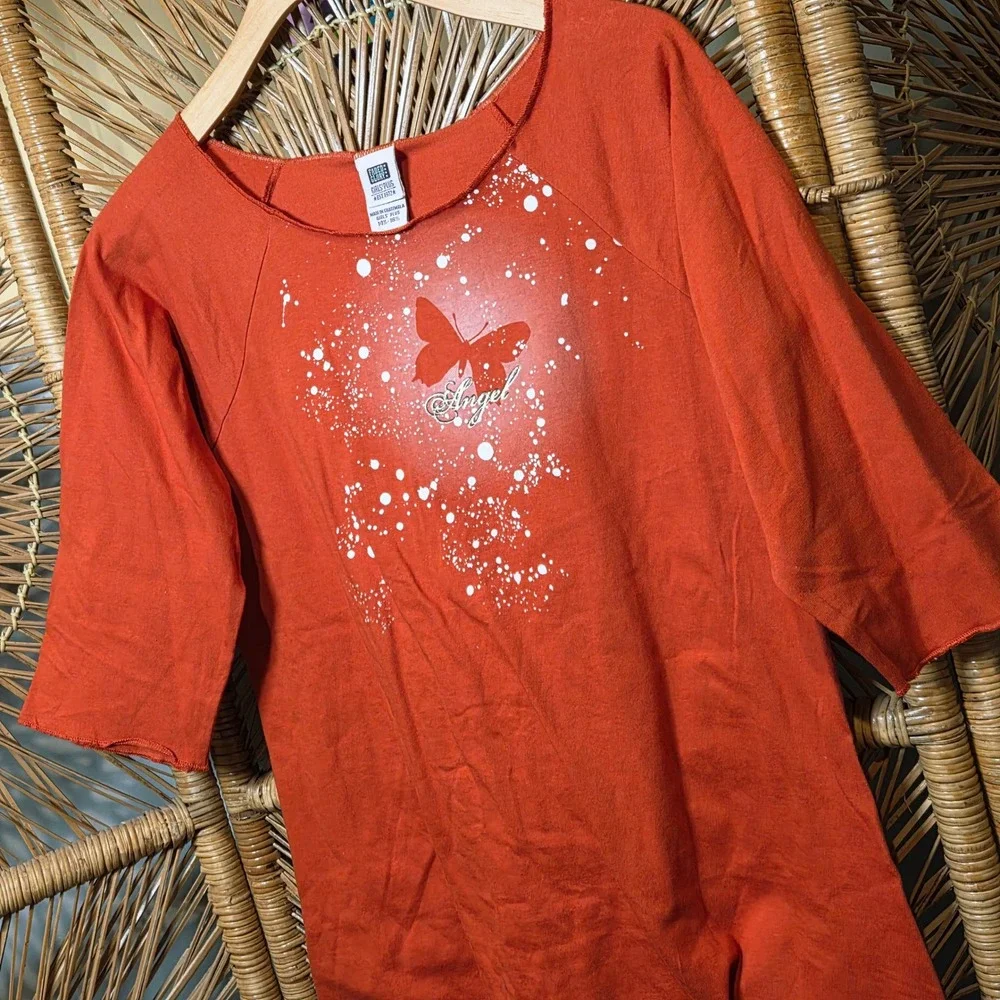 Faded Glory Girls XL Jr XS 3/4 Sleeve Wide Neck Top Orange Butterfly Spraypaint